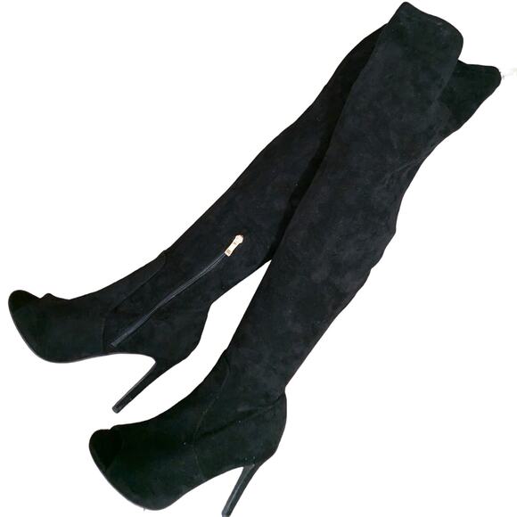 NWOT-1 SHOW! HOT TOMATO! BLACK VEGAN SUEDE  PEEP TOE OVER THE KNEE BOOTS!SZ 7.5M - Picture 1 of 11